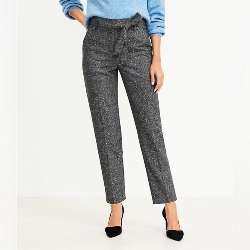 NWT Ann Taylor LOFT Pant Trouser Tweed Sparkle Sequin Belt Ankle Tappered Woven